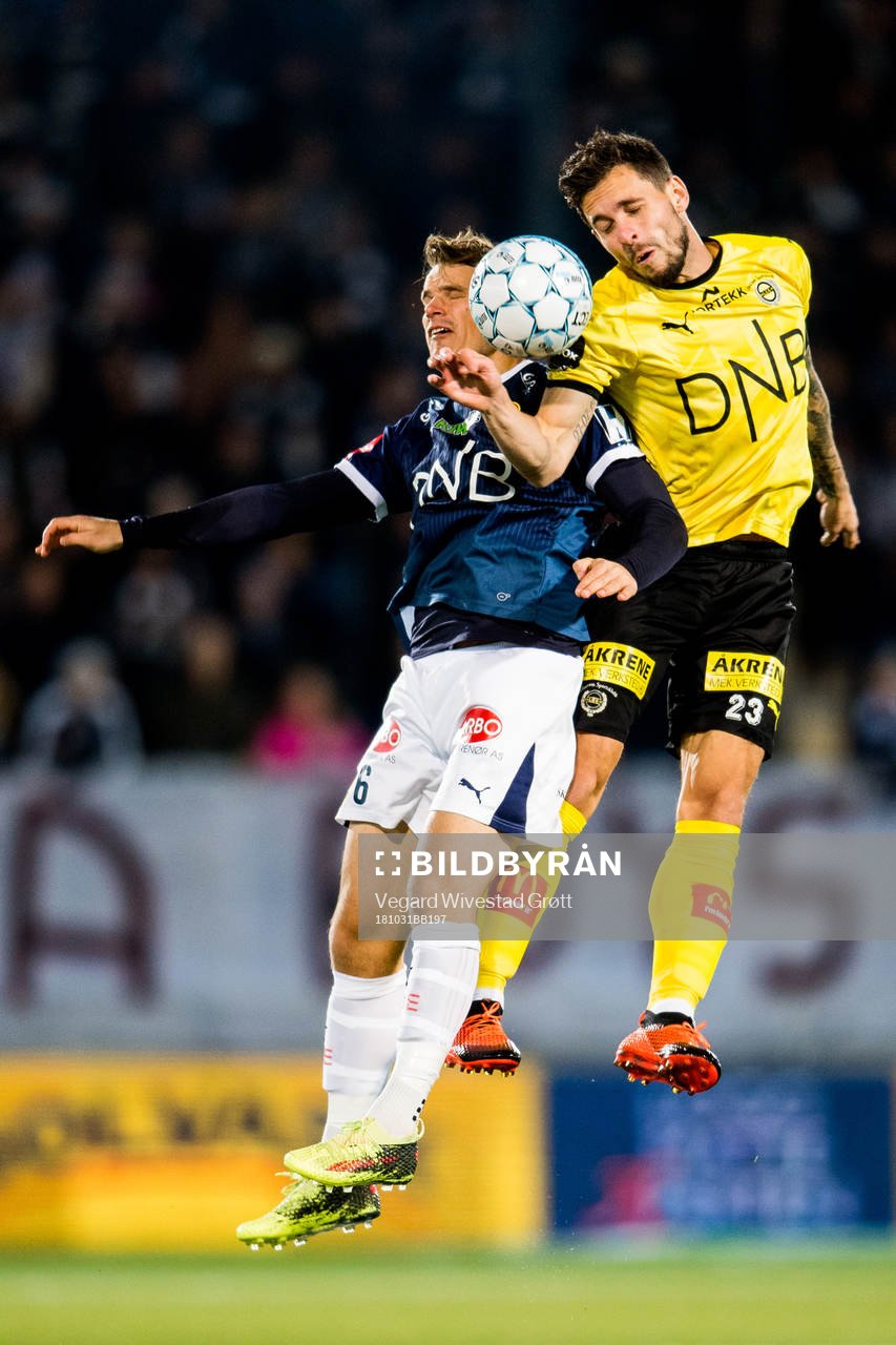 Lars Vilsvik of Strømsgodset and Daniel Alexander Pedersen of Lillestrøm during the cup match between Strømsgodset and Lillestrøm on October 31, 2018 in Drammen.
