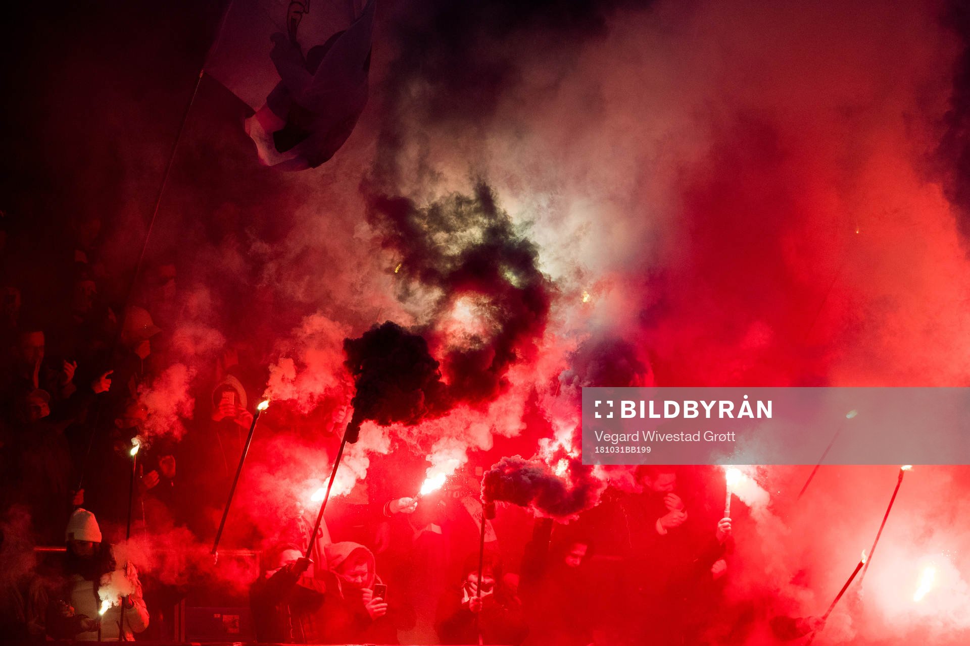 Supporters of Strømsgodset with pyro effects ahead of the cup match between Strømsgodset and Lillestrøm on October 31, 2018 in Drammen.