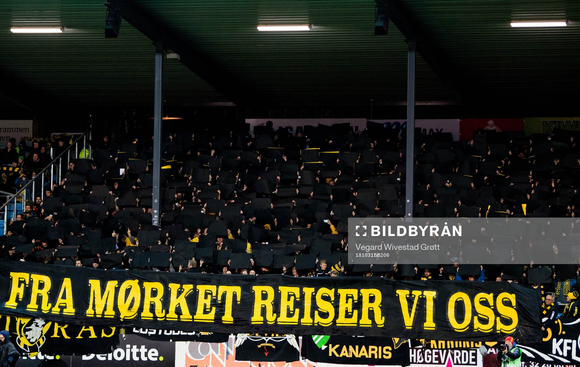 Supporters of Lillestrøm with a tifo ahead of the cup match between Strømsgodset and Lillestrøm on October 31, 2018 in Drammen.