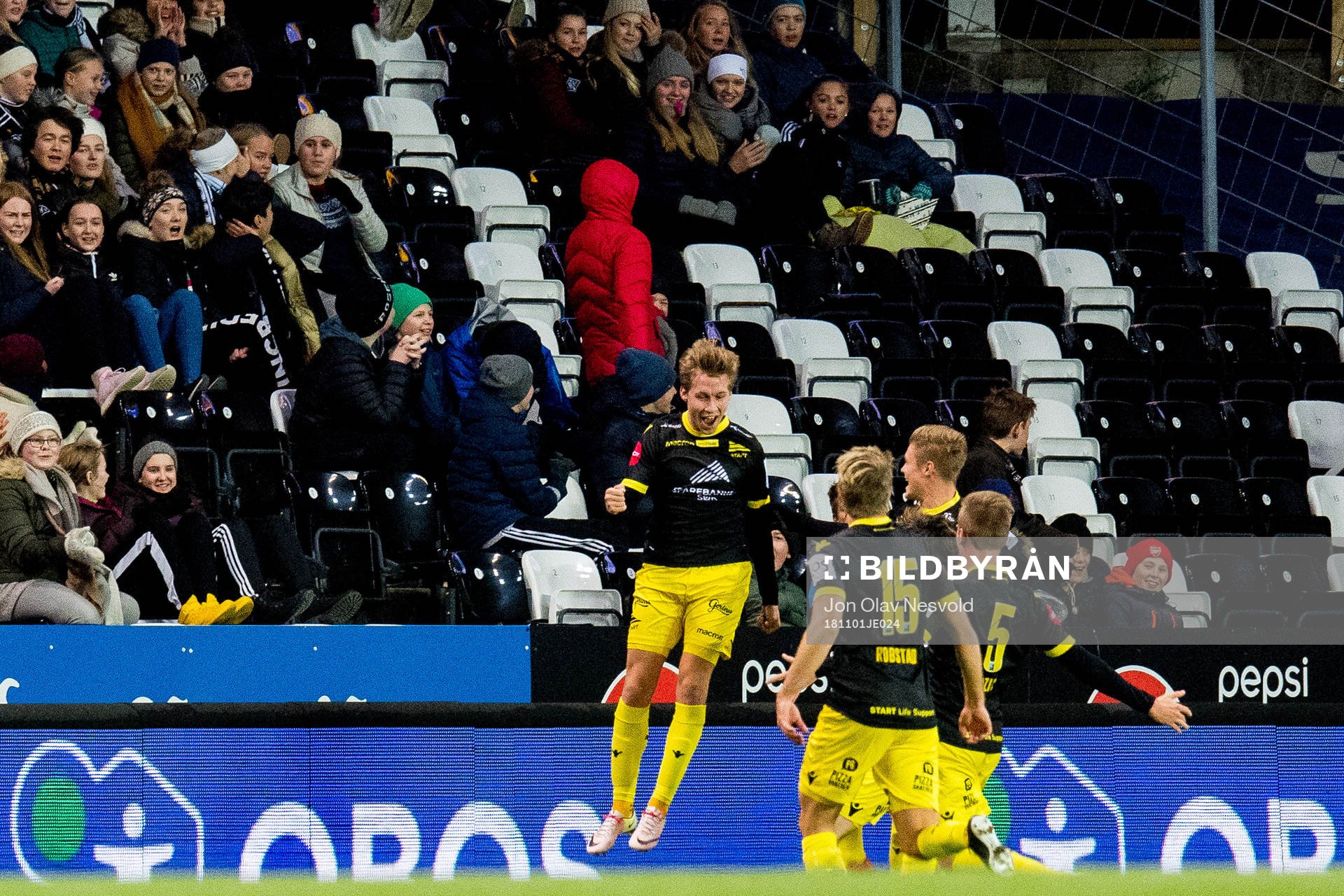 Niklas Sandberg of Start celebrates with teammates after scoring 0-1 during the cup match between Rosenborg and Start on November 1, 2018 in Trondheim.
