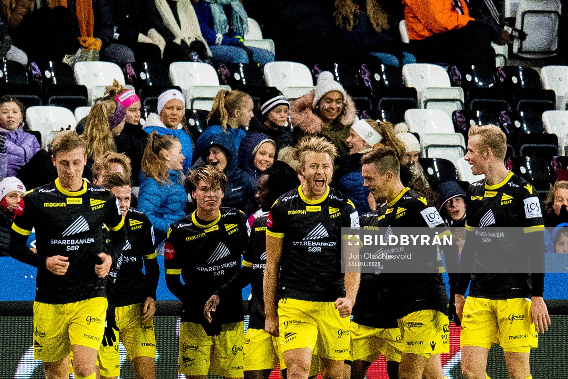 Henrik Robstad and the players of Start celebrates the 0-1 goal during the cup match between Rosenborg and Start on November 1, 2018 in Trondheim.