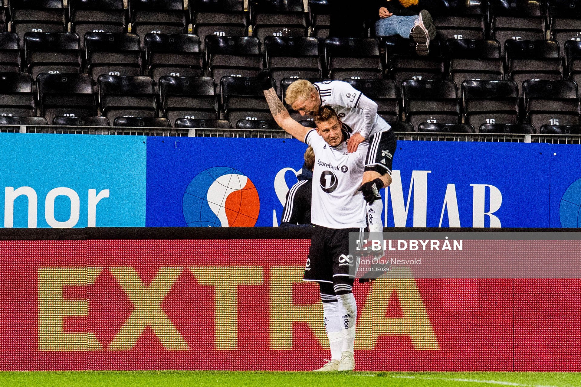 Nicklas Bendtner of Rosenborg celebrates with teammate