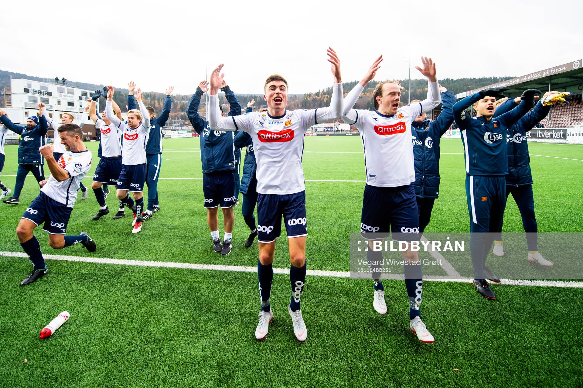 Sondre Flem Bjørshol and Rolf Daniel Vikstøl of Viking celebrate after the OBOS-ligaen match between Mjøndalen and Viking on November 4, 2018 in Mjøndalen.