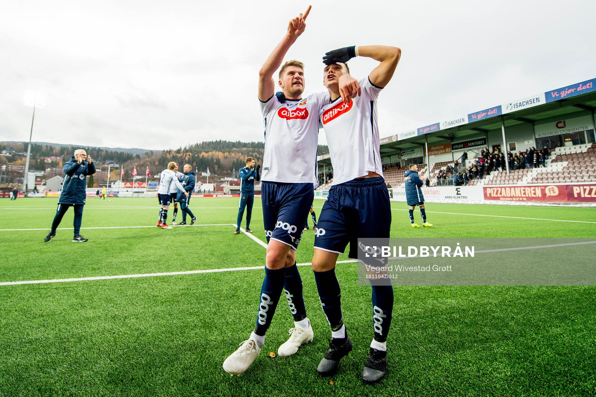Axel Andresson and Markus Nakkim of Viking celebrate after the OBOS-ligaen match between Mjøndalen and Viking on November 4, 2018 in Mjøndalen.