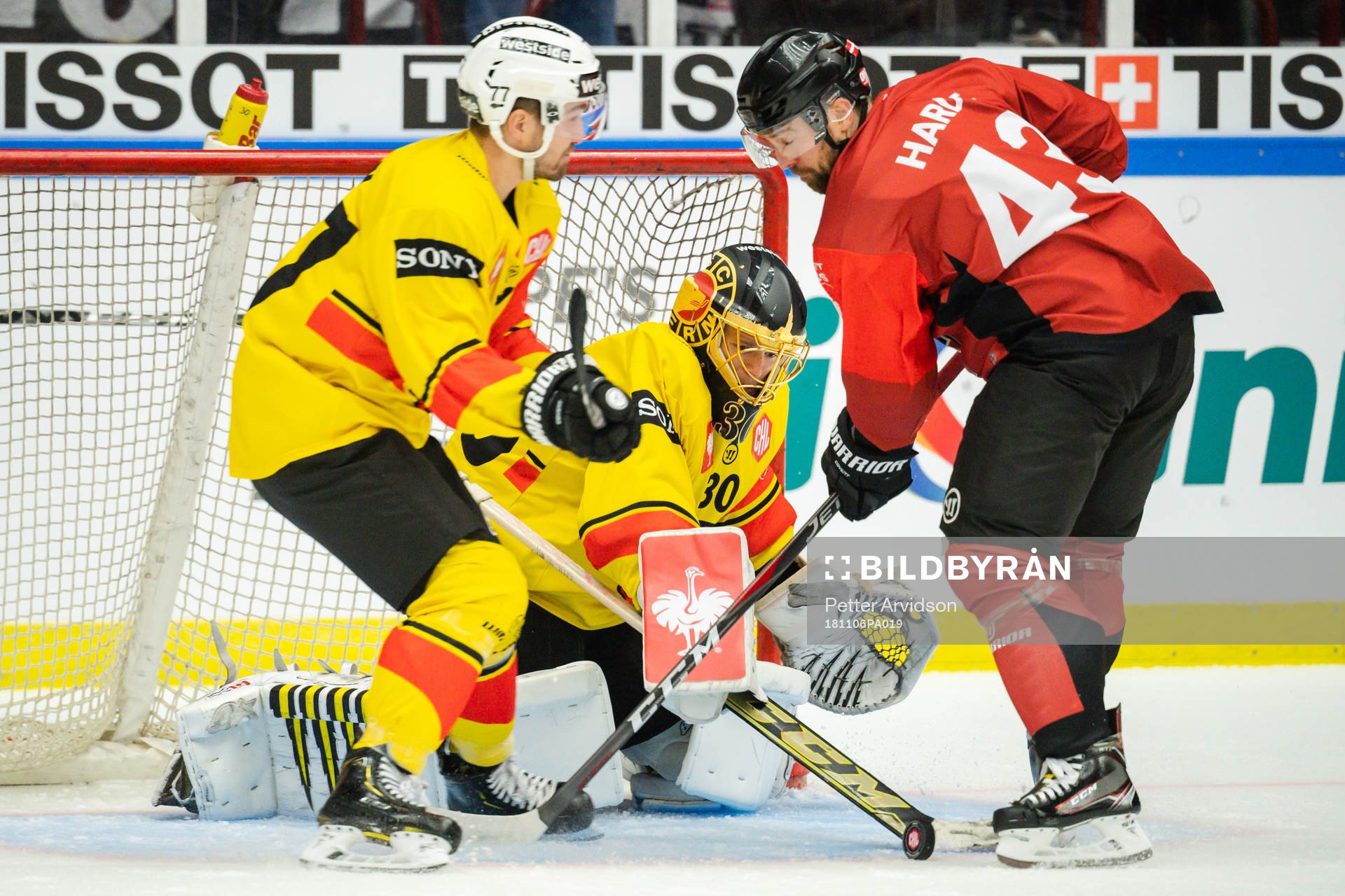 Nichlas Hardt of Malmö Redhawks and goalkeeper Leonardo