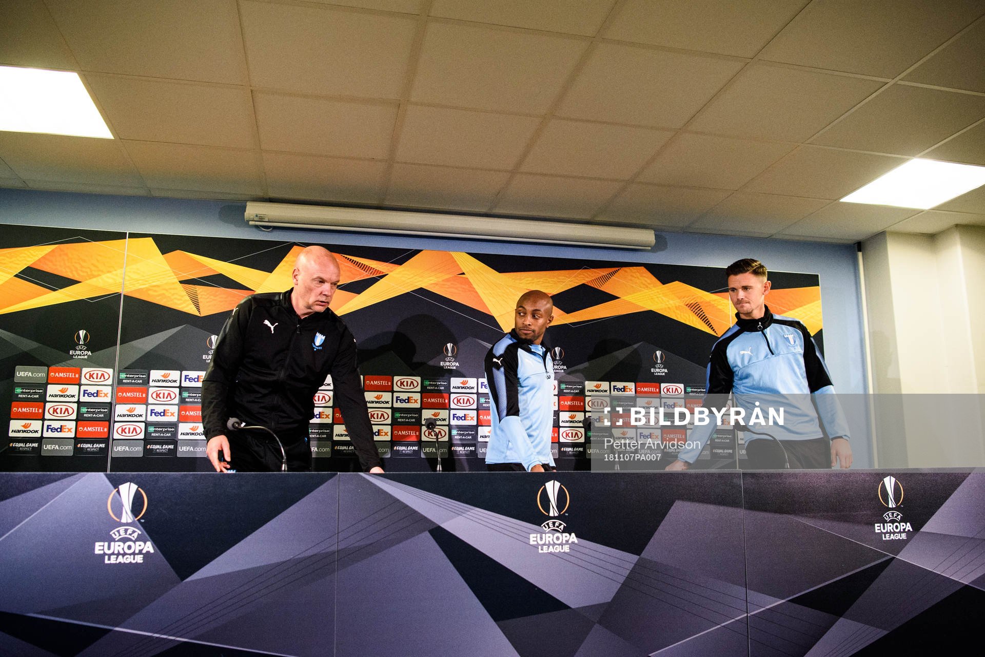 Head coach Uwe Rösler, Fouad Bachirou and Marcus Antonsson of Malmö FF during a press conference ahead of the Europa league match between Malmö FF and Sarpsborg 08 on November 7, 2018 in Malmö.