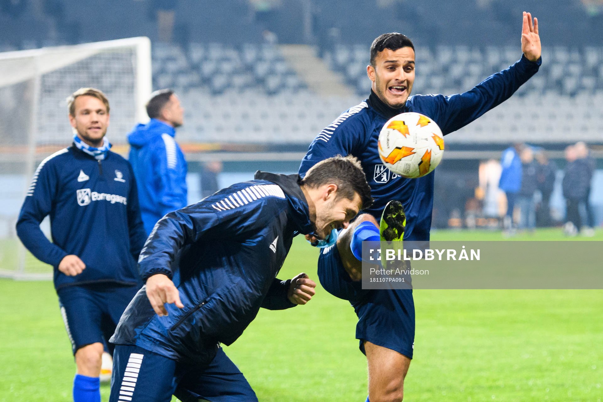 Joachim Thomassen and Harmet Singh of Sarpsborg 08 during a training session ahead of the Europa league match between Malmö FF and Sarpsborg 08 on November 7, 2018 in Malmö.