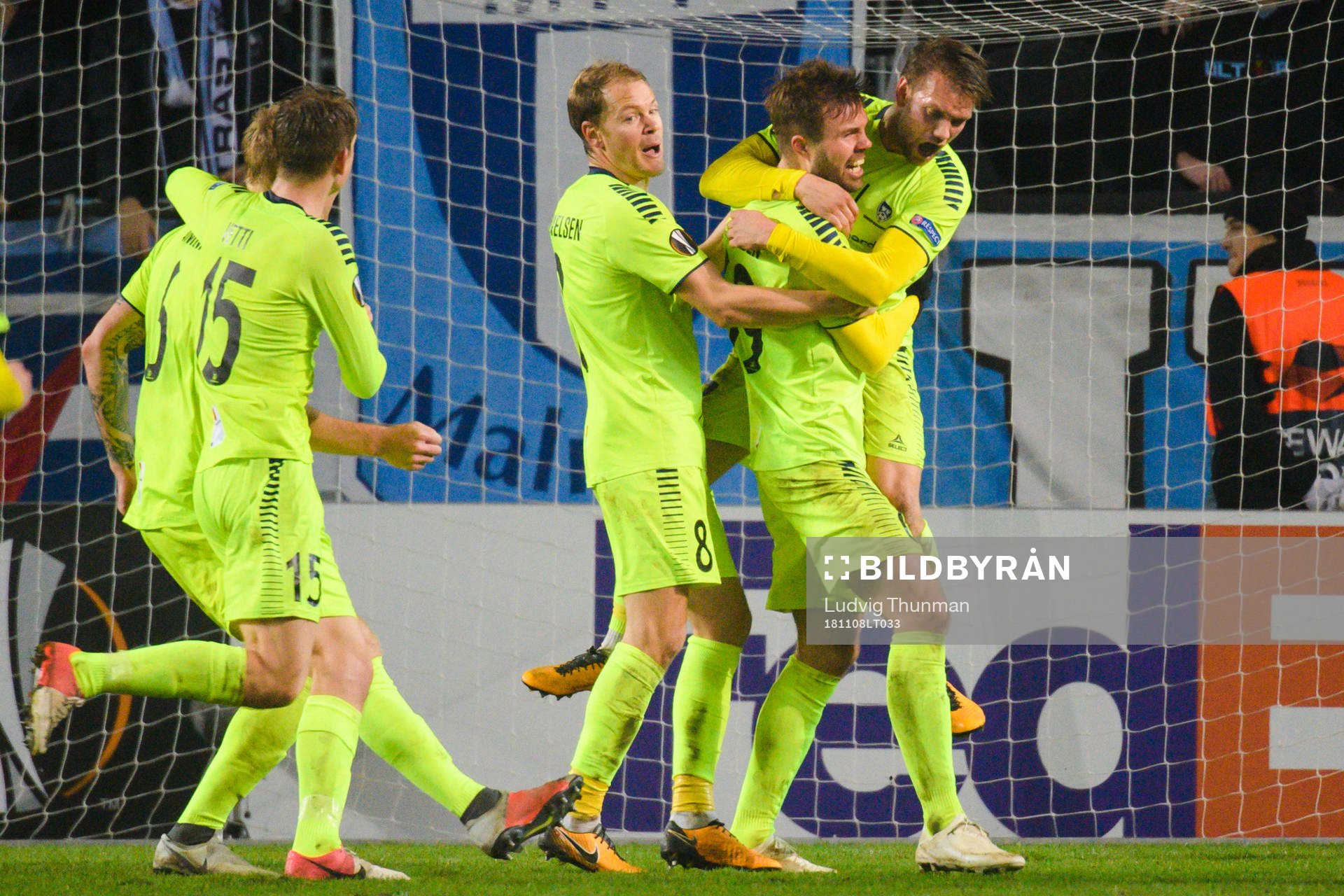 Patrick Mortensen of Sarpsborg 08 celebrates with teammates