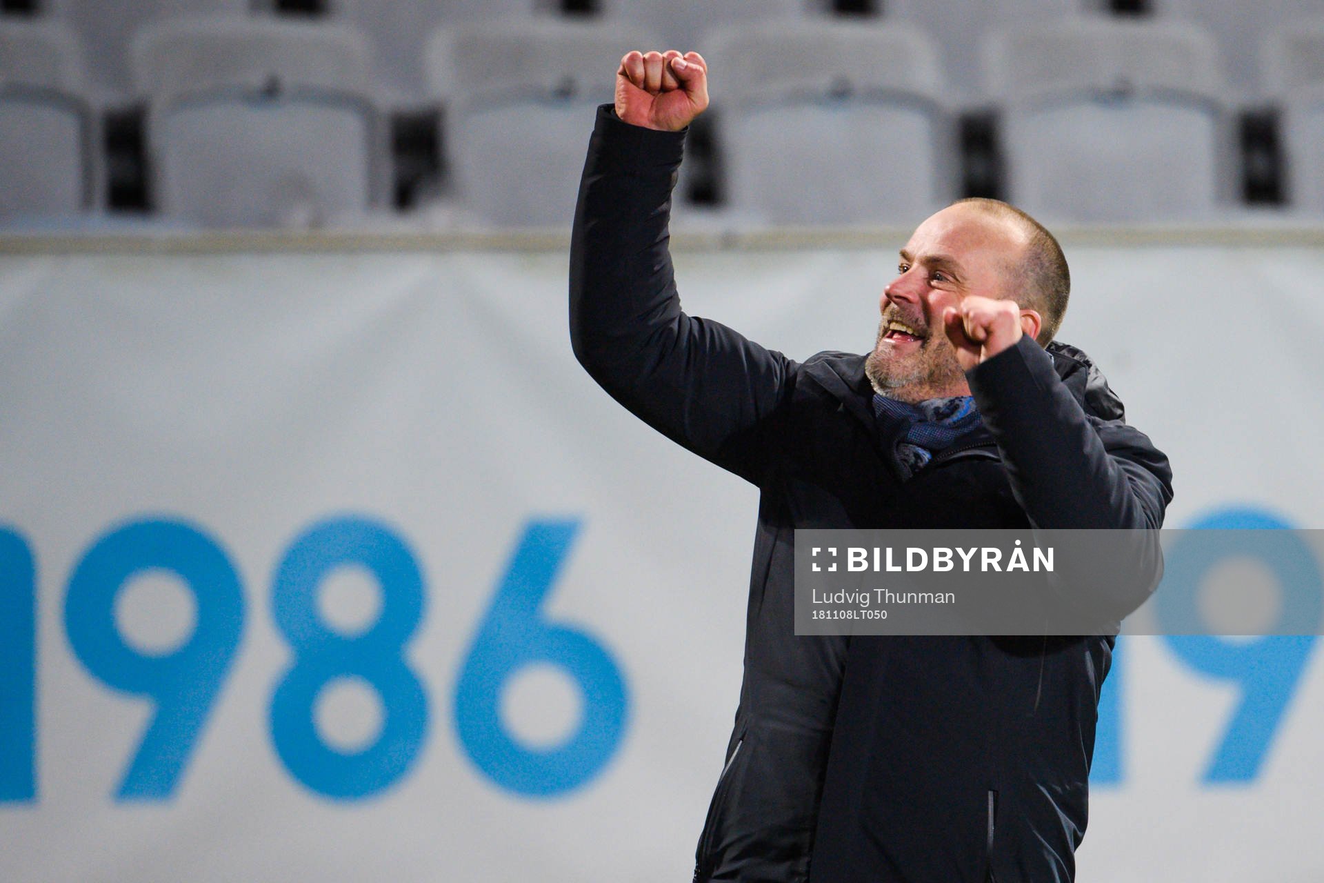 Geir Bakke, head coach of Sarpsborg 08, celebrates with
