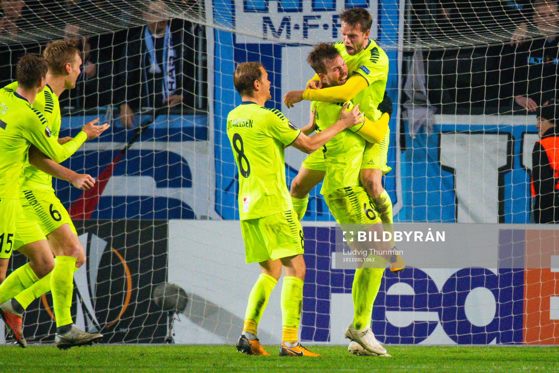 Patrick Mortensen of Sarpsborg 08 is celebrated by his