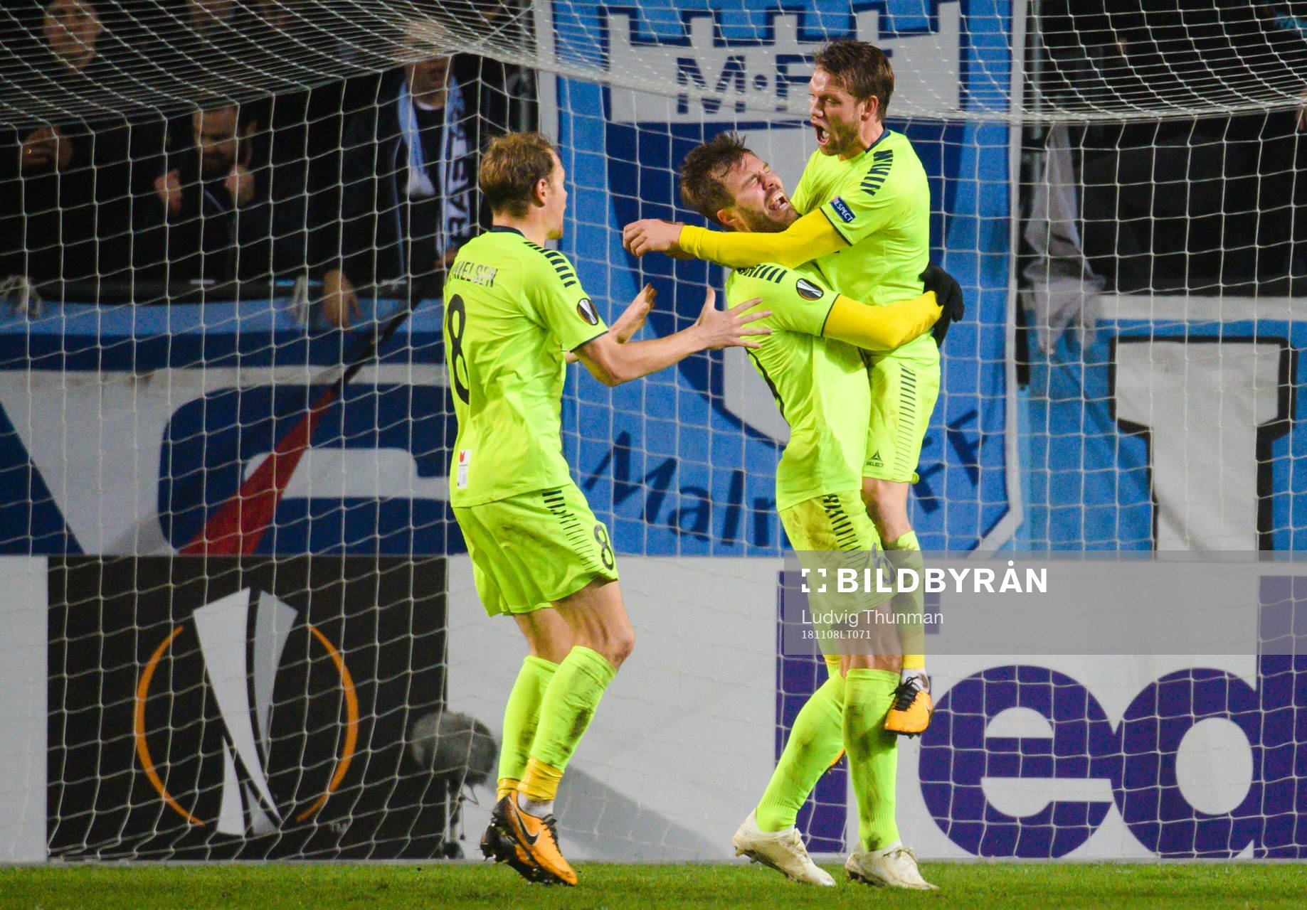 Patrick Mortensen of Sarpsborg 08 celebrates with teammates