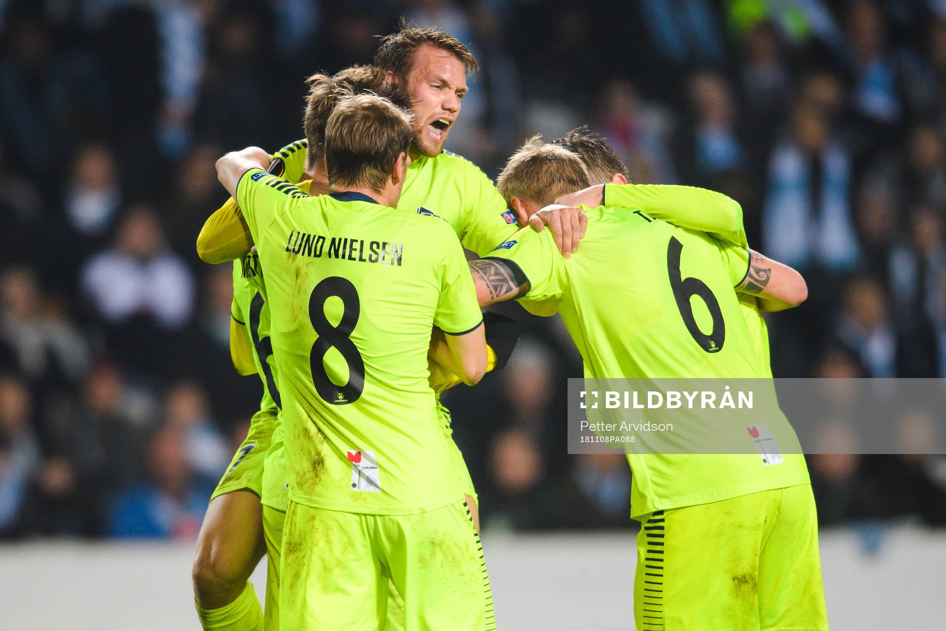 Patrick Mortensen of Sarpsborg 08 celebrates with team mates