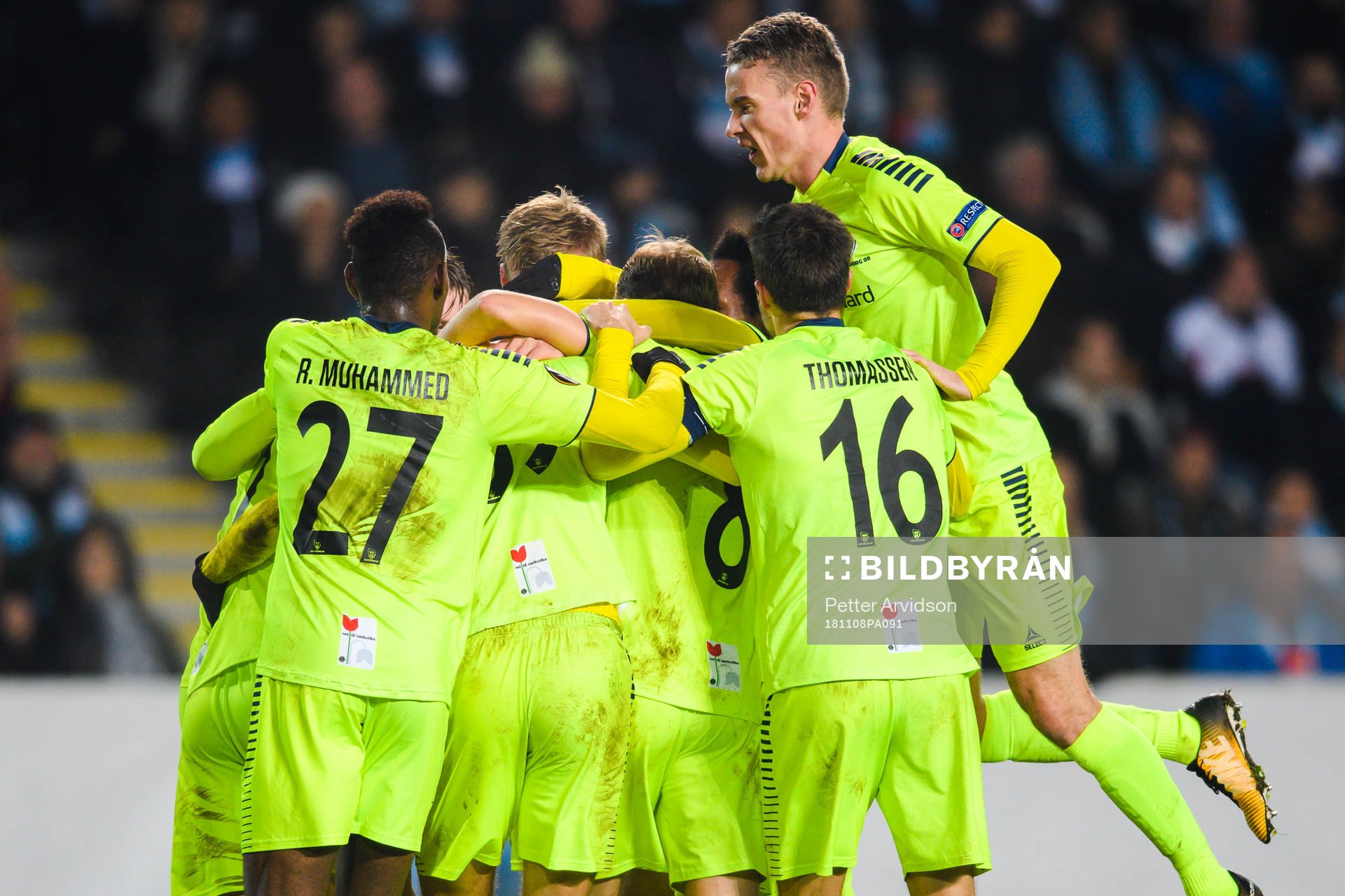 Patrick Mortensen of Sarpsborg 08 celebrates with team mates