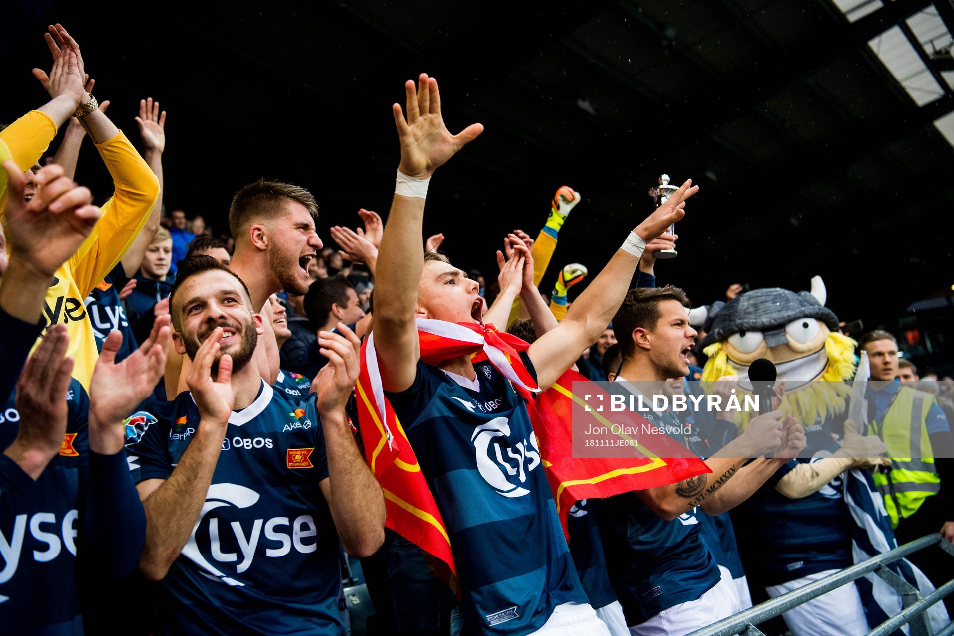 Zlatko Tripic, Markus Nakkim and Tord Johnsen Salte of Viking celebrate after the OBOS-ligaen match between Viking and Kongsvinger on November 11, 2018 in Stavanger.