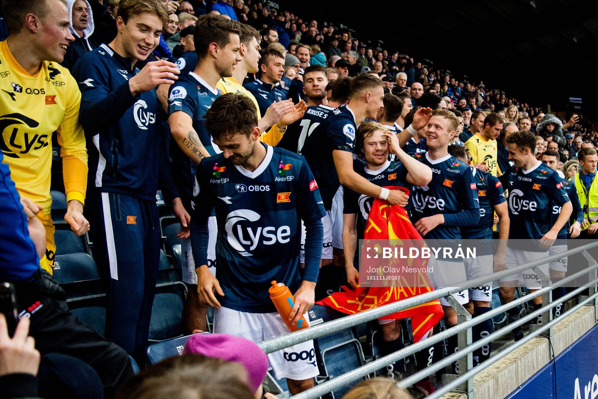 Johnny Furdal, Rasmus Levin Martinsen and Even Østensen of Viking celebrate after the OBOS-ligaen match between Viking and Kongsvinger on November 11, 2018 in Stavanger.