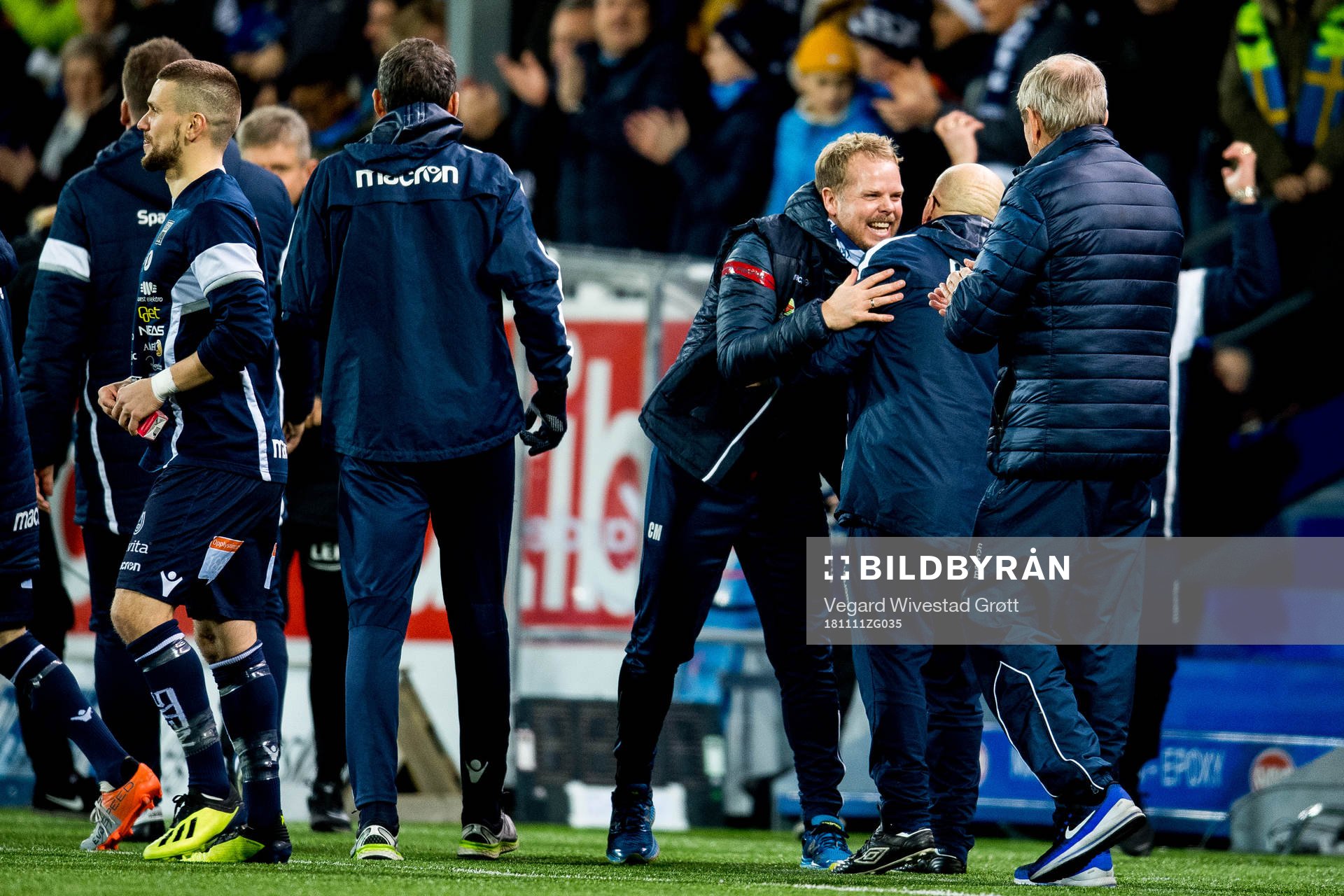 Christian Michelsen, head coach of Kristiansund, celebrates at the final whistle during the Eliteserien match between Kristiansund and Brann on November 11, 2018 in Kristiansund.
