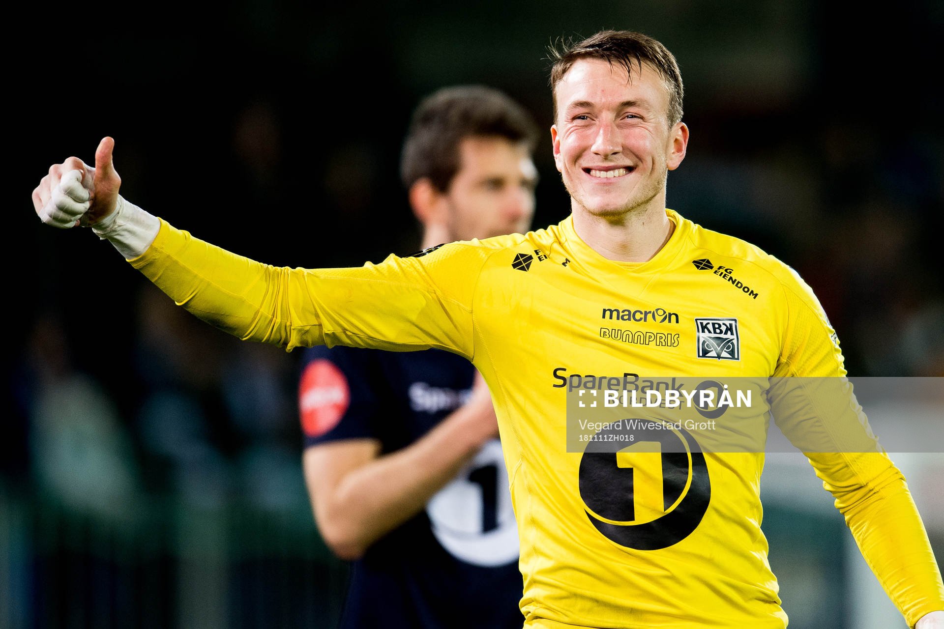 Goalkeeper Sean McDermott of Kristiansund celebrates after the Eliteserien match between Kristiansund and Brann on November 11, 2018 in Kristiansund.
