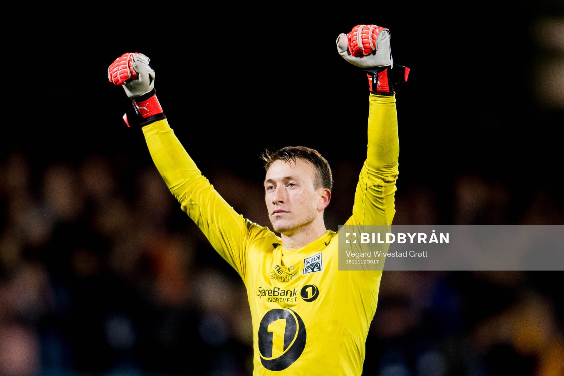 Goalkeeper Sean McDermott of Kristiansund celebrates at the final whistle during the Eliteserien match between Kristiansund and Brann on November 11, 2018 in Kristiansund.
