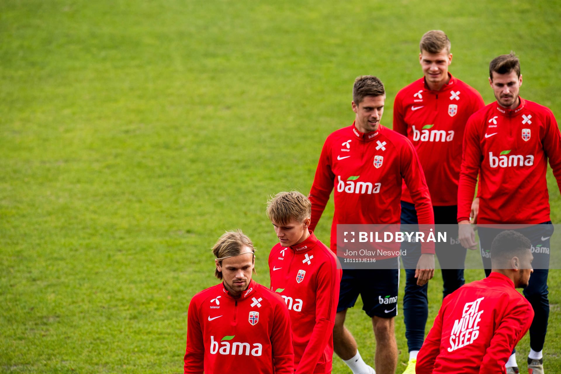 Iver Fossum, Martin Ødegaard, Markus Henriksen, Alexander Sørloth and Håvard Nordtveit of Norway during a training session on November 13, 2018 in Ljubljana.