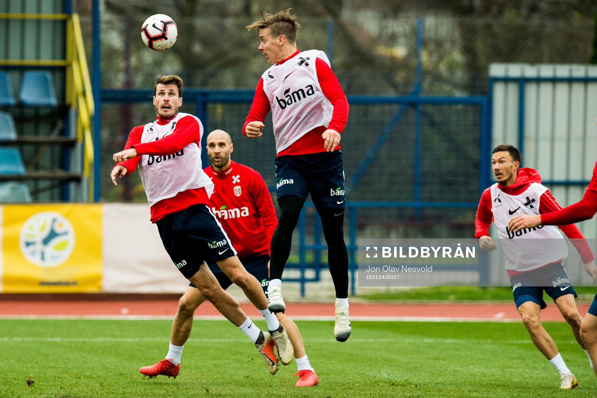 Håvard Nordtveit and Stefan Johansen of Norway during a training session on November 14, 2018 in Domzale.