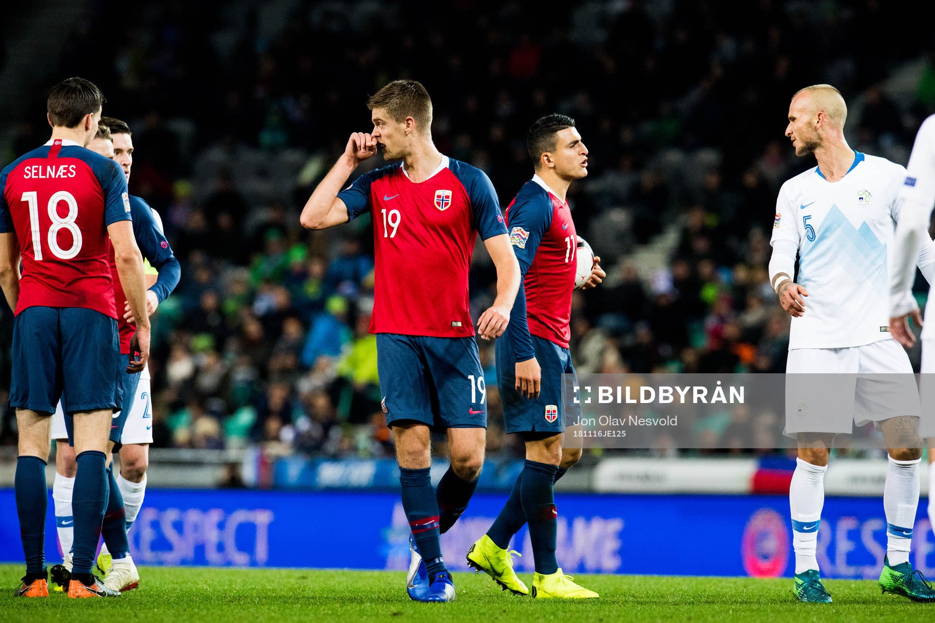 Markus Henriksen, Mohamed Elyounoussi of Norway and Aljaz Struna of Slovenia during the Nations League match between Slovenia and Norway on November 16, 2018 in Ljubljana.