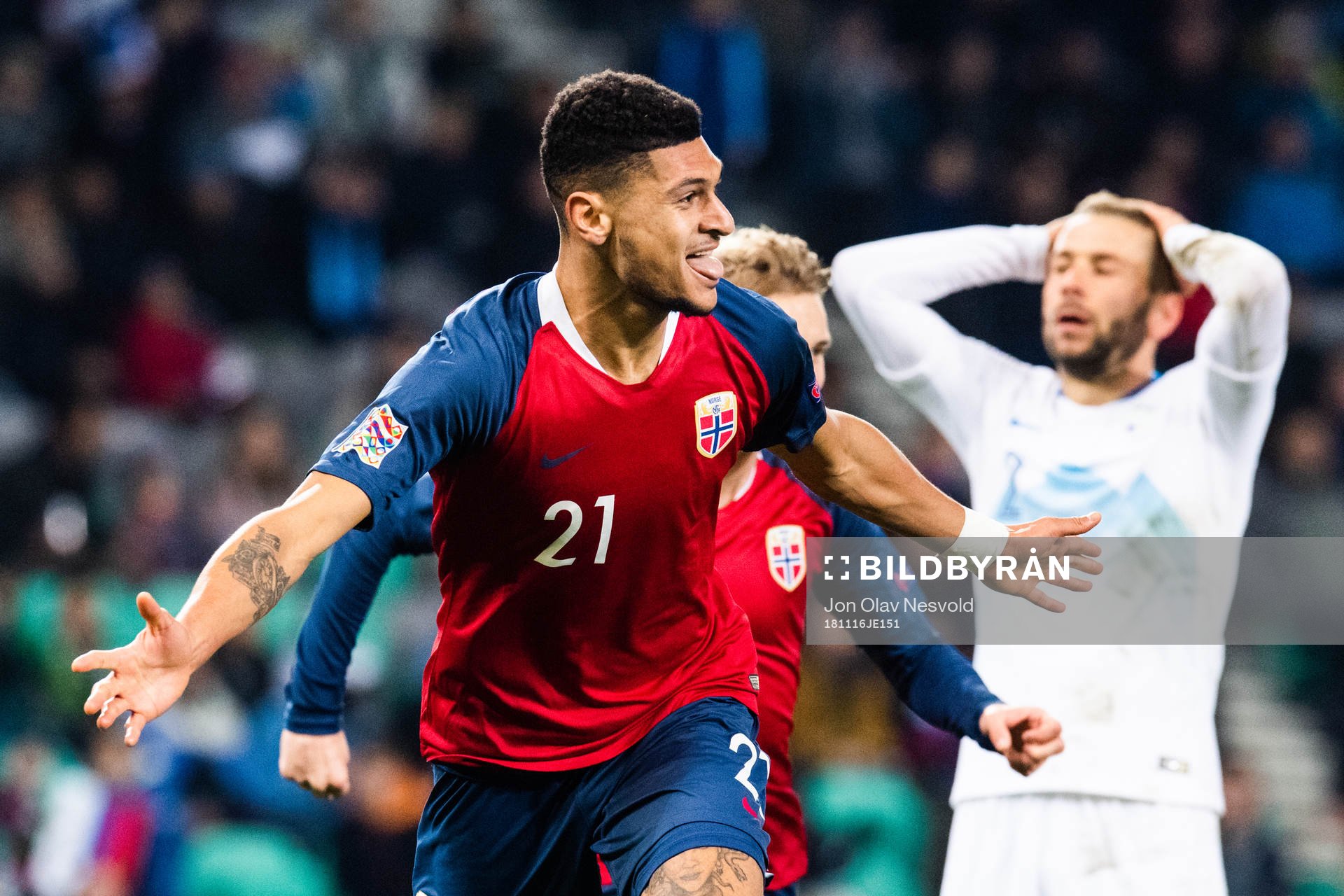 Bjørn Maars Johnsen of Norway celebrates scoring 1-1