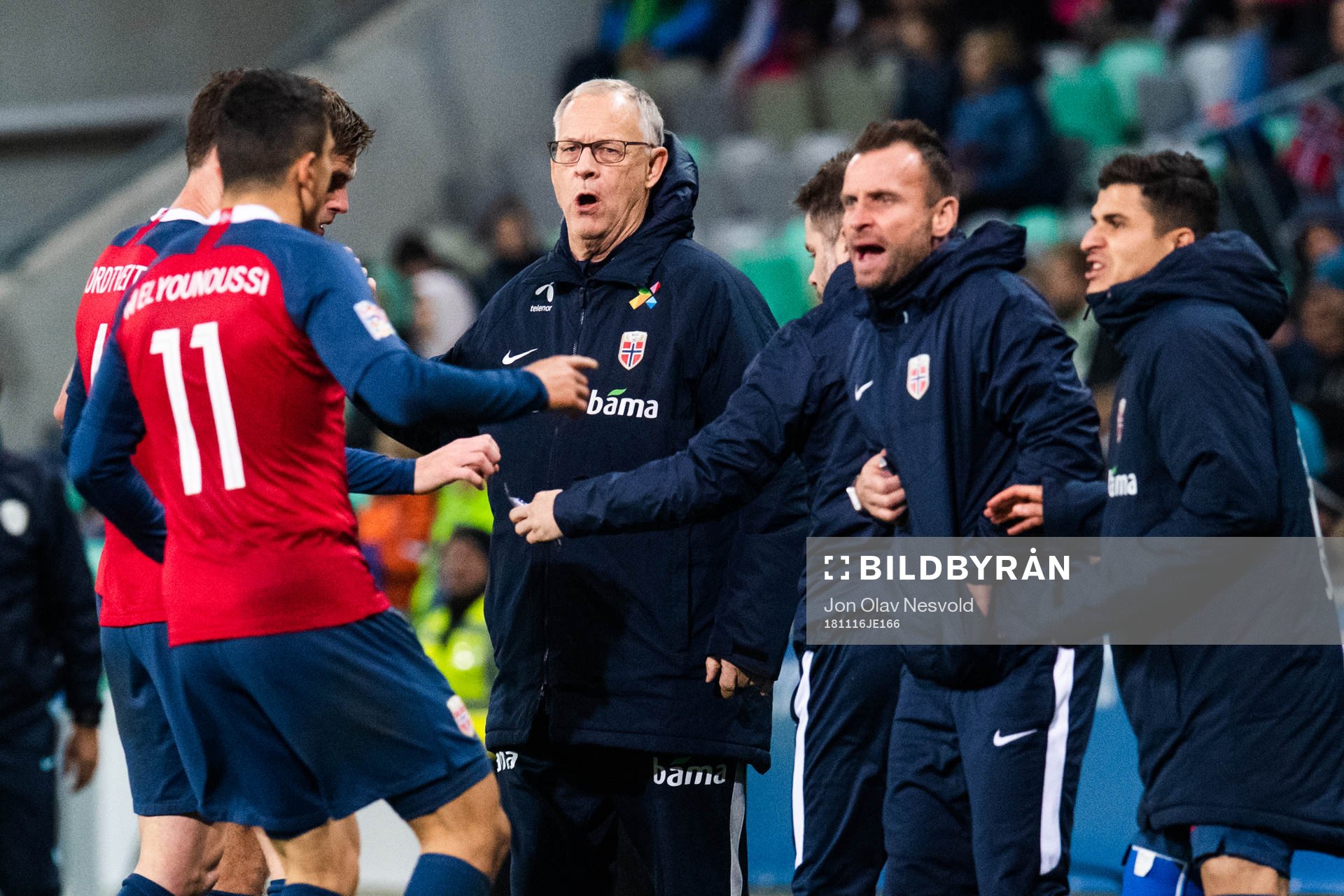 Lars Lagerbäck, head coach of Norway, celebrate