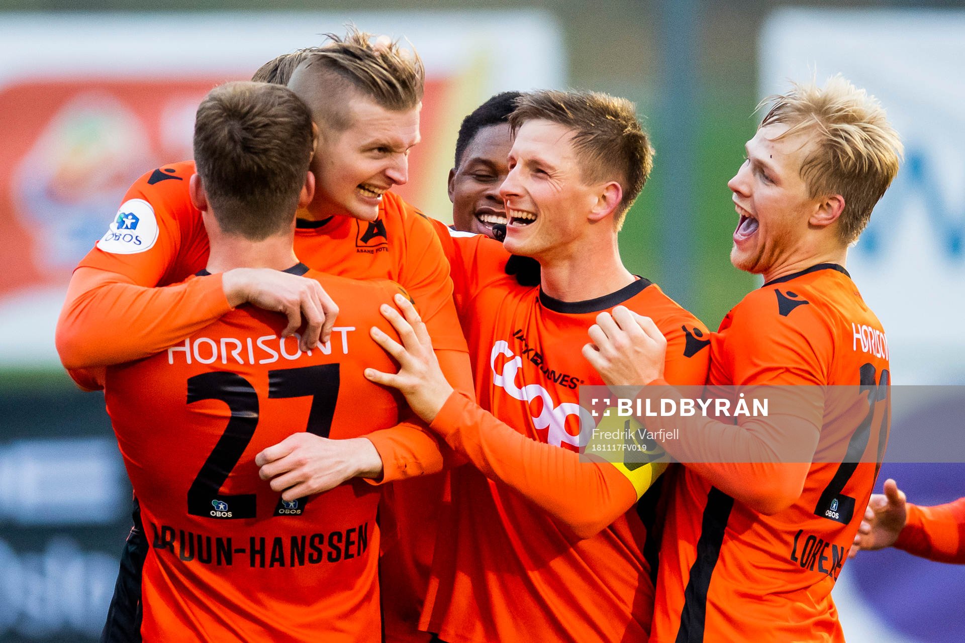 Erik Huseklepp of Åsane celebrates with his teammates after scoring 1-1 during the playoff match for OBOS-ligaen between KFUM and Åsane on November 17, 2018 in Oslo.
