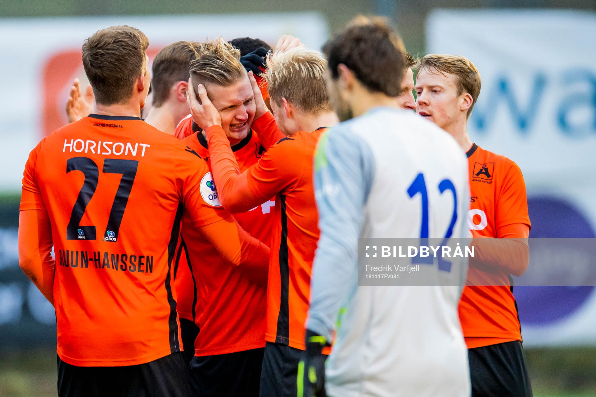 Erik Huseklepp of Åsane celebrates with his teammates after scoring 1-1 during the playoff match for OBOS-ligaen between KFUM and Åsane on November 17, 2018 in Oslo.