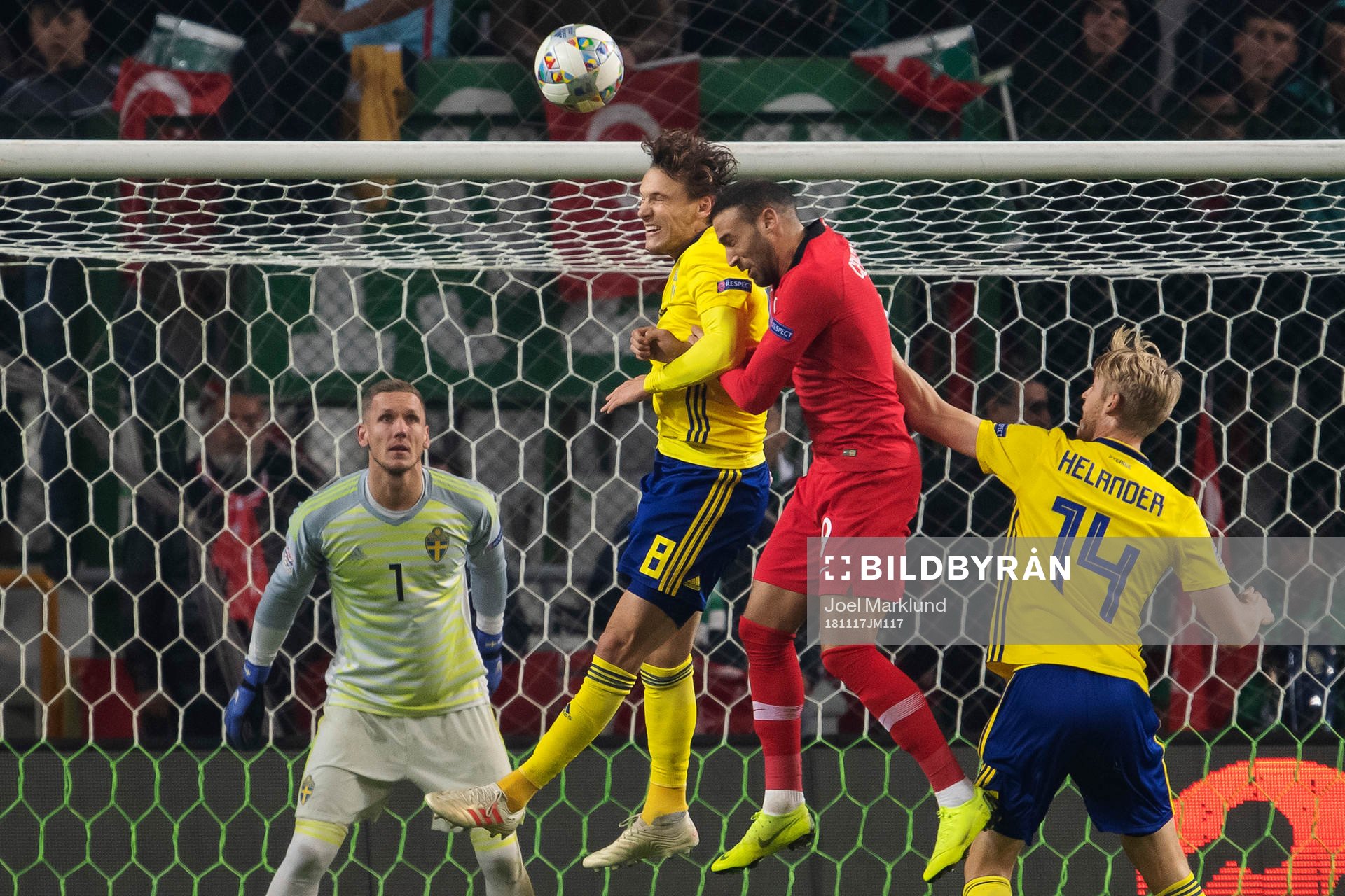Goalkeeper Robin Olsen, Albin Ekdal and Filip Helander of