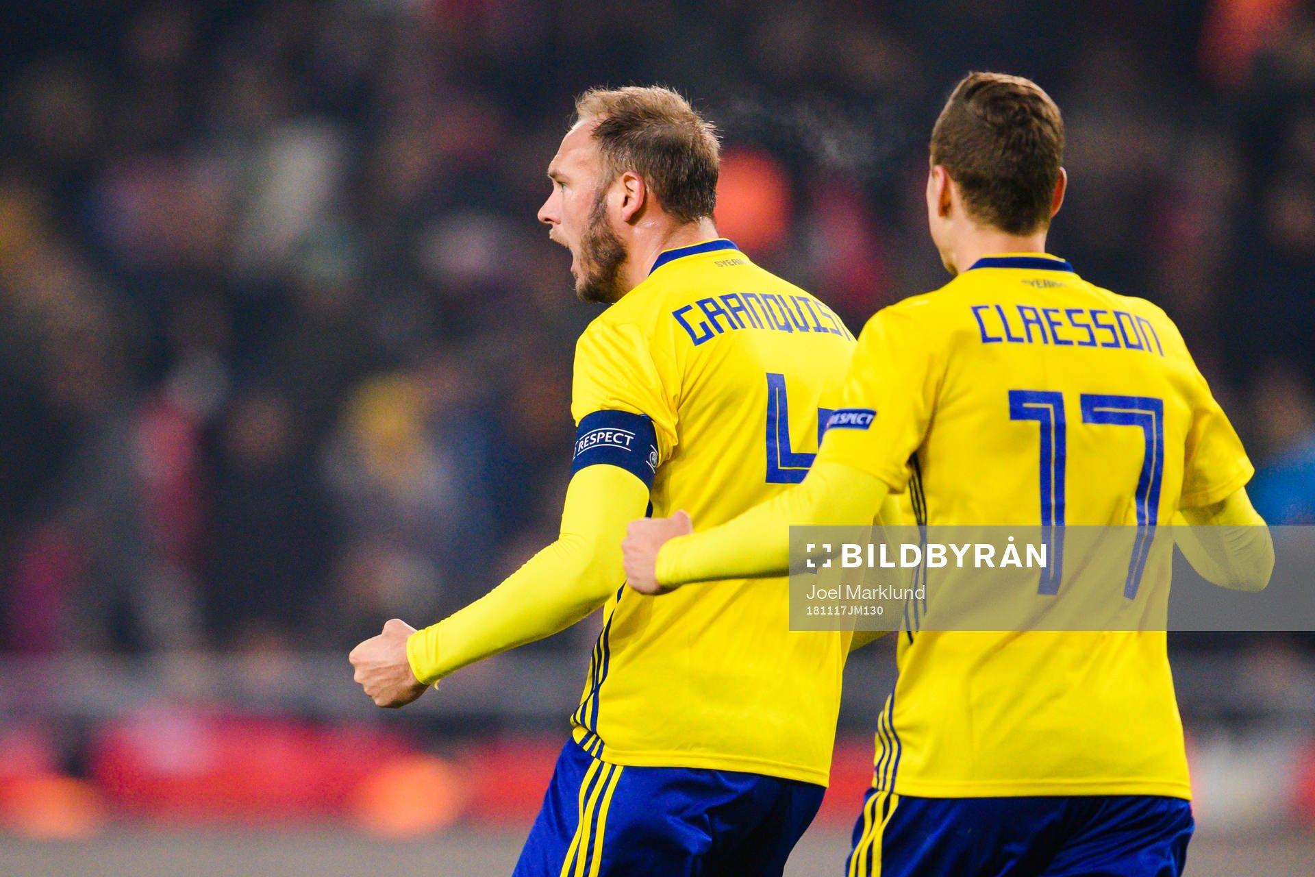 Andreas Granqvist and Viktor Claesson celebrates after 0-1 during the Nations League football match between Turkey and Sweden on November 17, 2018 in Konya.