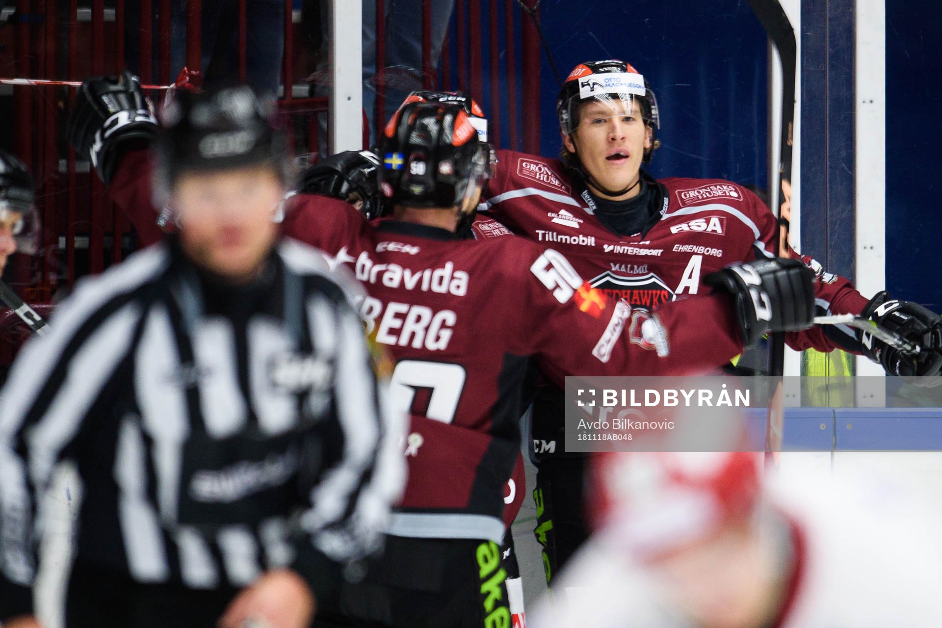 Malmö Redhawks Emil Sylvegård  jublar med lagkamrater