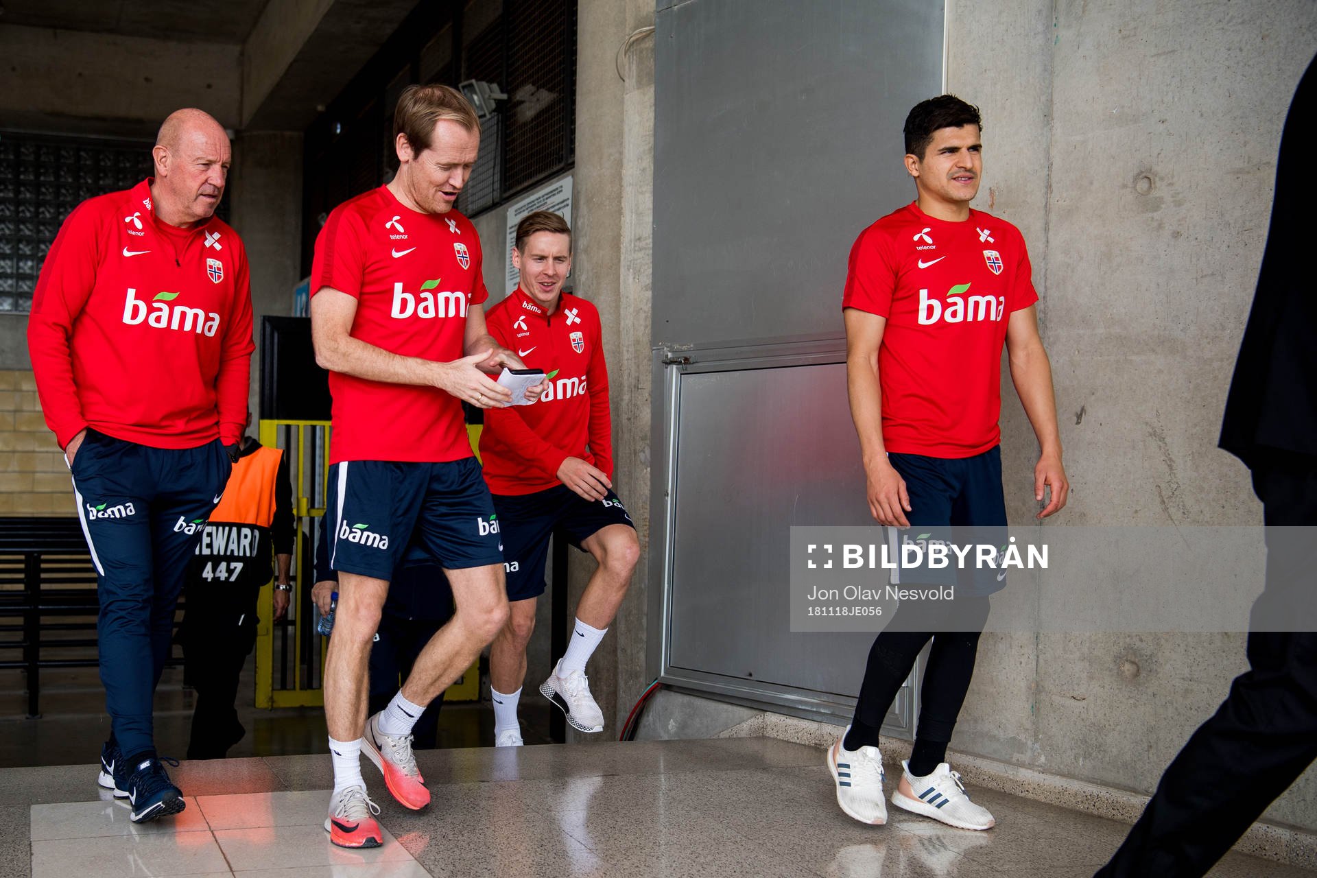 Nils Johan Semb, sports director of Norway, Svein Graff, Communications director of the Norwegian Football Association (NFF), Stefan Johansen and Tarik Elyounoussi of Norway ahead of a press conference on November 18, 2018 in Nicosia.