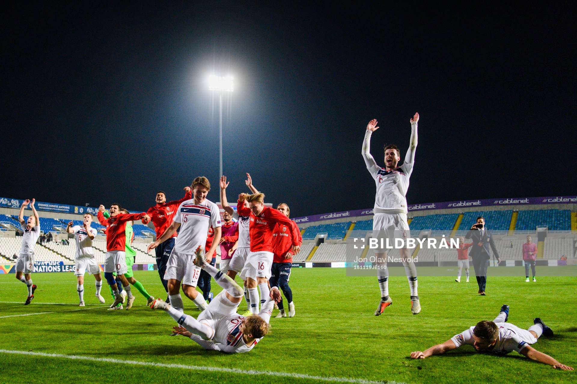 Martin Ødegaard and Håvard Nordtveit of Norway celebrates with teammates  after the Nations League match between Cyprus and Norway on November 19, 2018 in Nicosia.