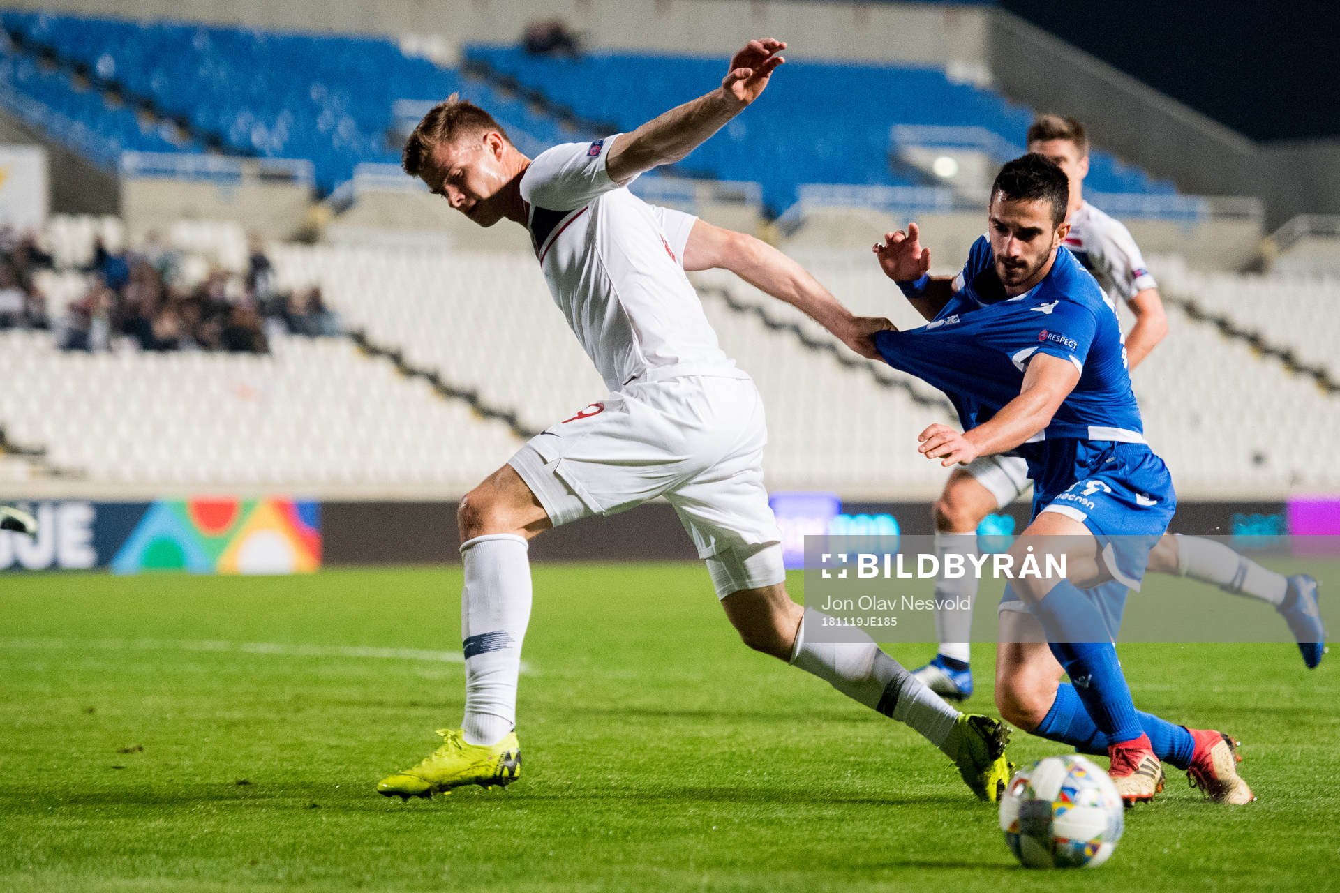 Alexander Sørloth of Norway and Kostas Laifis of Cyprus
