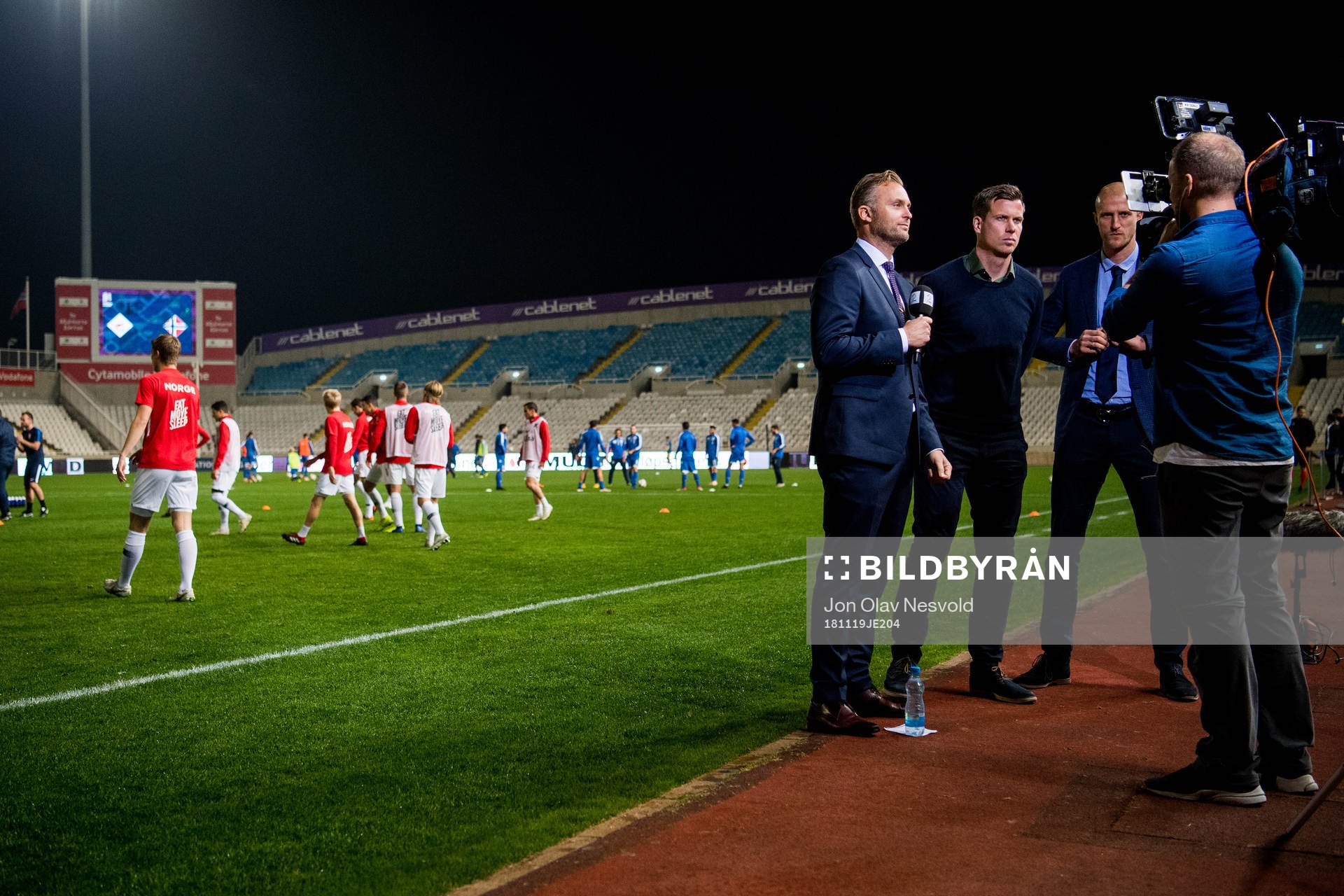 Jon Hartvig Børrestad, Jesper Mathisen and Brede Hangeland of TV 2 ahead of the Nations League match between Cyprus and Norway on November 19, 2018 in Nicosia.