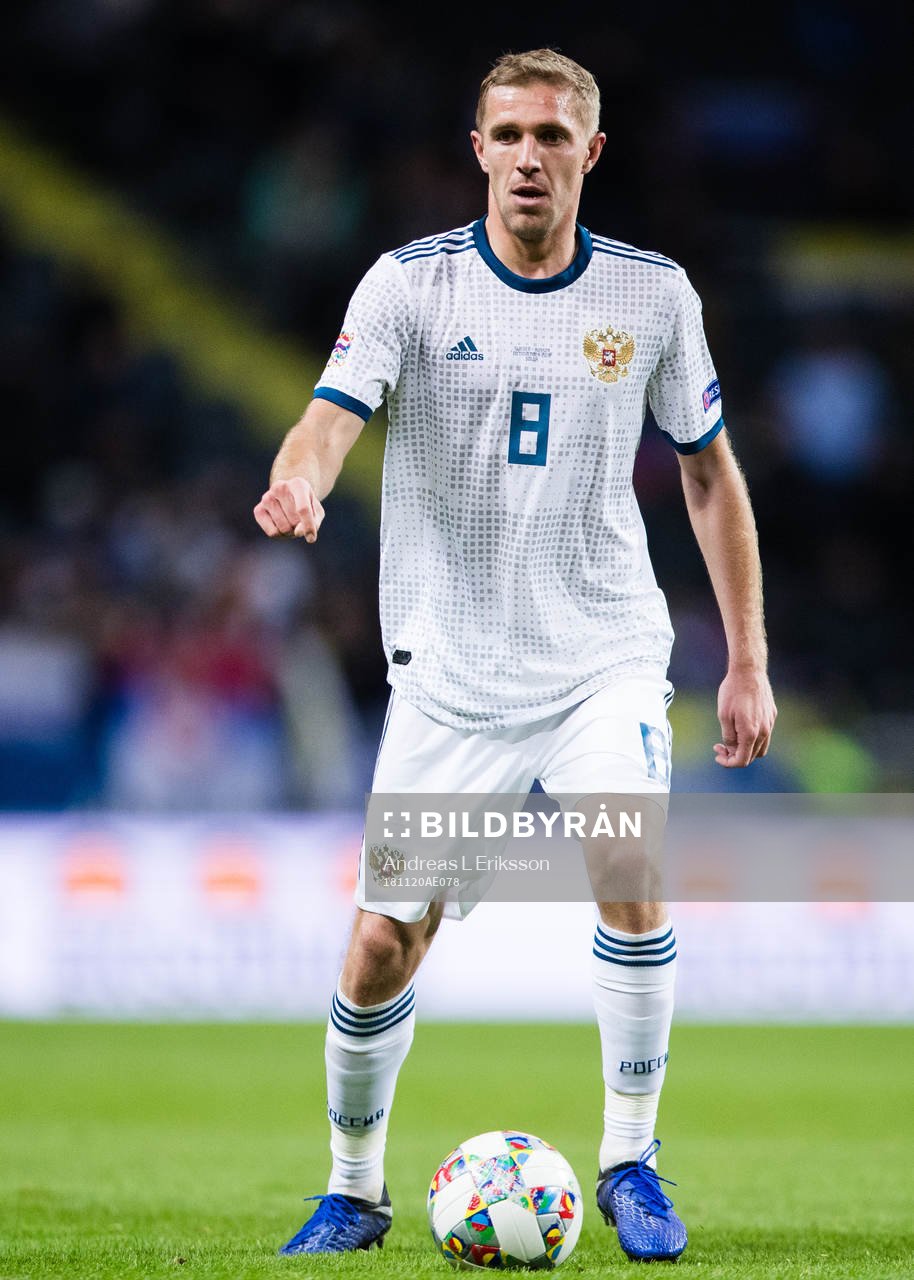 Iury Gazinsky of Russia in action during the Nations League football match between Sweden and Russia on November 20, 2018 in Stockholm. 