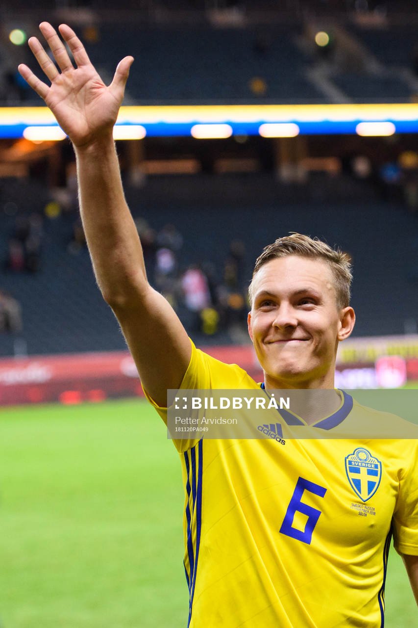 Ludwig Augustinsson of Sweden celebrates after the Nations League football match between Sweden and Russia on November 20, 2018 in Stockholm.