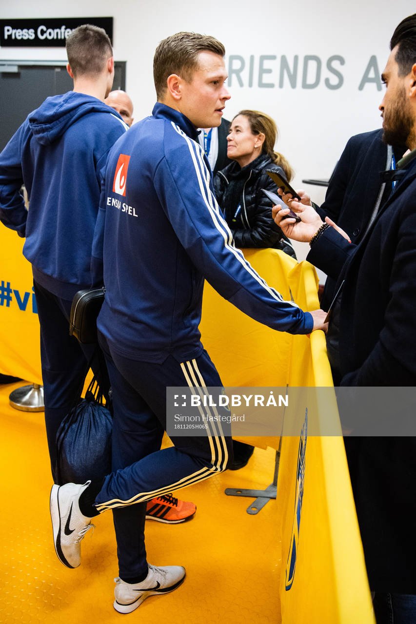 Viktor Claesson of Sweden during an interview in the mixed zone after the Nations League football match between Sweden and Russia on November 20, 2018 in Stockholm.