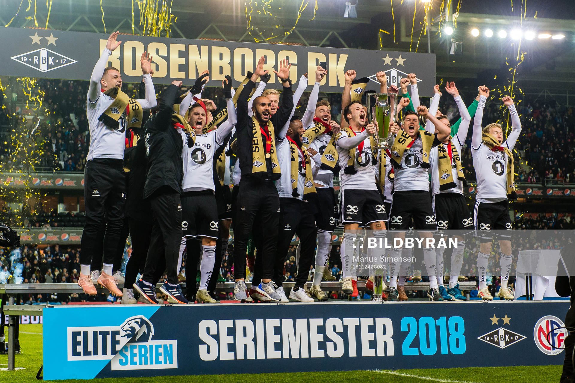Players of Rosenborg celebrate winning the league