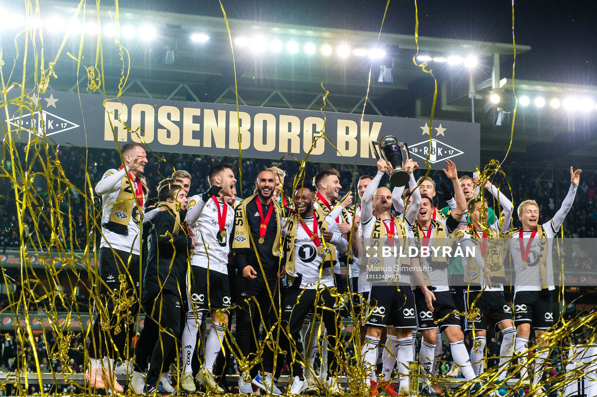Players of Rosenborg celebrate winning the league