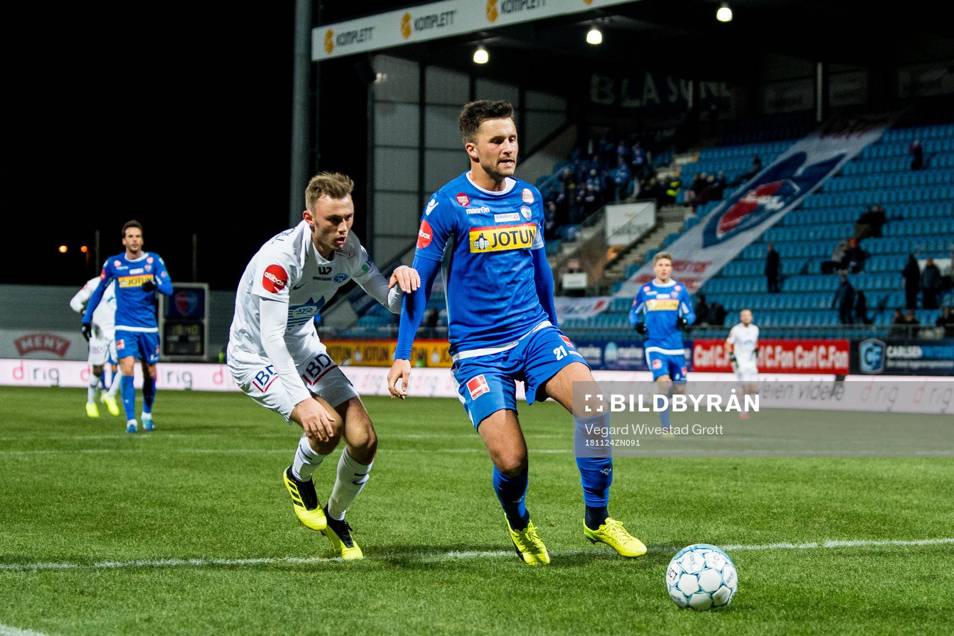 Fredrik Aursnes of Molde and Stian Lunder Ringstad of Sandefjord during the Eliteserien match between Sandefjord and Molde on November 24, 2018 in Sandefjord.