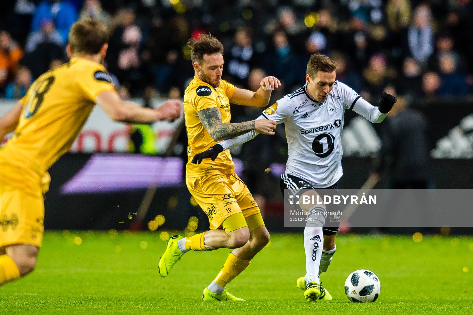 Jose Angel Jurado de La Torre of Bodø/Glimt and Anders Ågnes Konradsen of Rosenborg during the Eliteserien match between Rosenborg and Bodø/Glimt on November 24, 2018 in Trondheim.