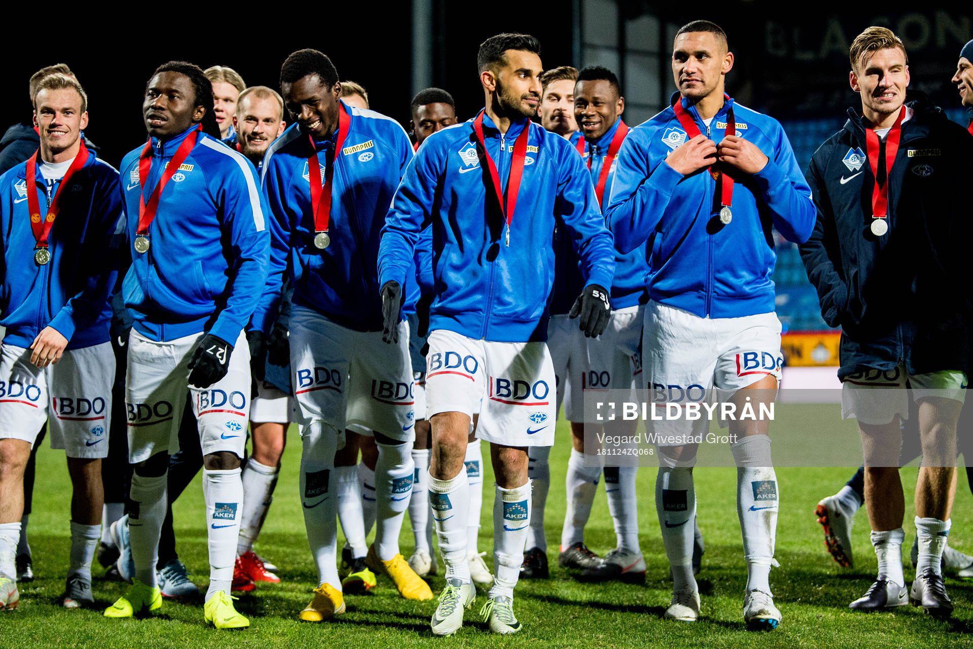 Petter Strand, Daniel Chima Chukwu, Babacar Sarr, Etzaz Hussain and Ruben Gabrielsen of Molde after the Eliteserien match between Sandefjord and Molde on November 24, 2018 in Sandefjord.