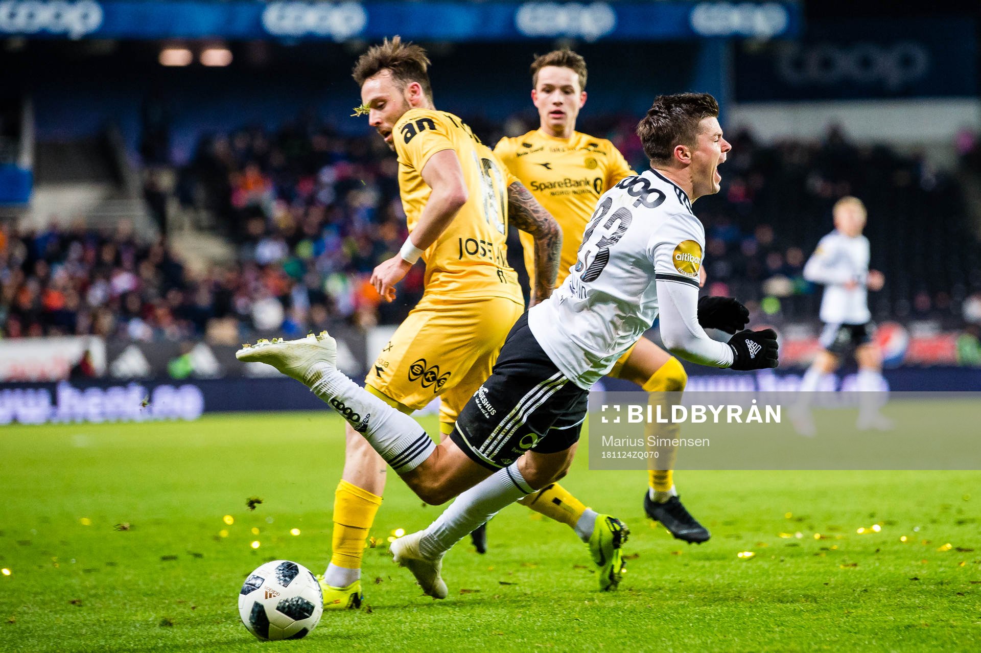 Jose Angel Jurado de La Torre of Bodø/Glimt and Pål Andre Helland of Rosenborg during the Eliteserien match between Rosenborg and Bodø/Glimt on November 24, 2018 in Trondheim.