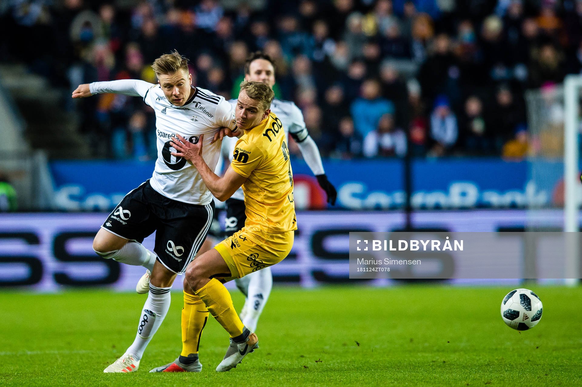 Alexander Toft Søderlund of Rosenborg of Rosenborg and Marius Lode of Bodø/Glimt during the Eliteserien match between Rosenborg and Bodø/Glimt on November 24, 2018 in Trondheim.