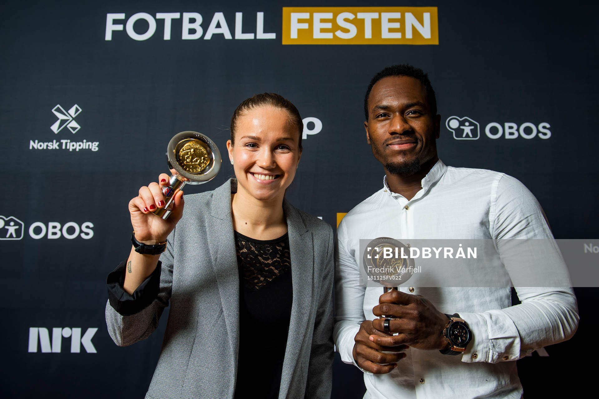 Franck Boli of Stabæk and Guro Reiten of LSK Kvinner pose