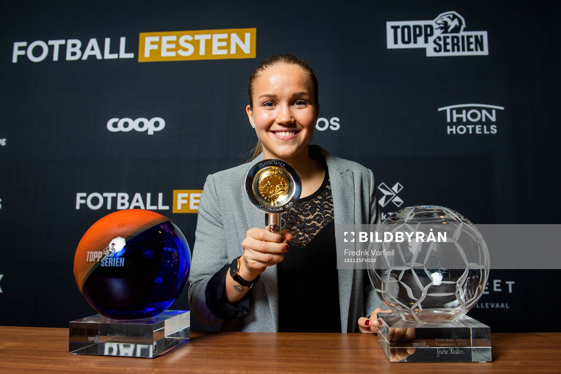 Guro Reiten of LSK Kvinner poses with her three awards