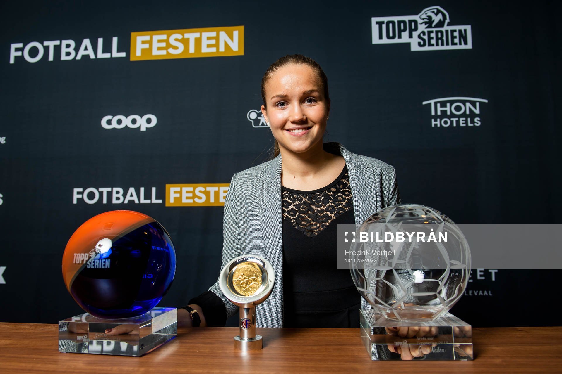 Guro Reiten of LSK Kvinner poses with her three awards during Fotballfesten on November 25, 2018 in Oslo. 