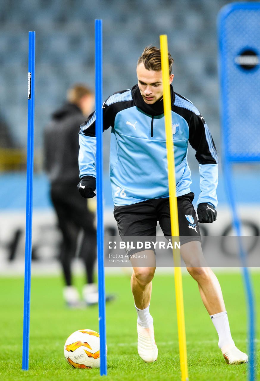 Andreas Vindheim of Malmö FF during a training session ahead of the Europa league match between Malmö FF and Genk on November 28, 2018 in Malmö.